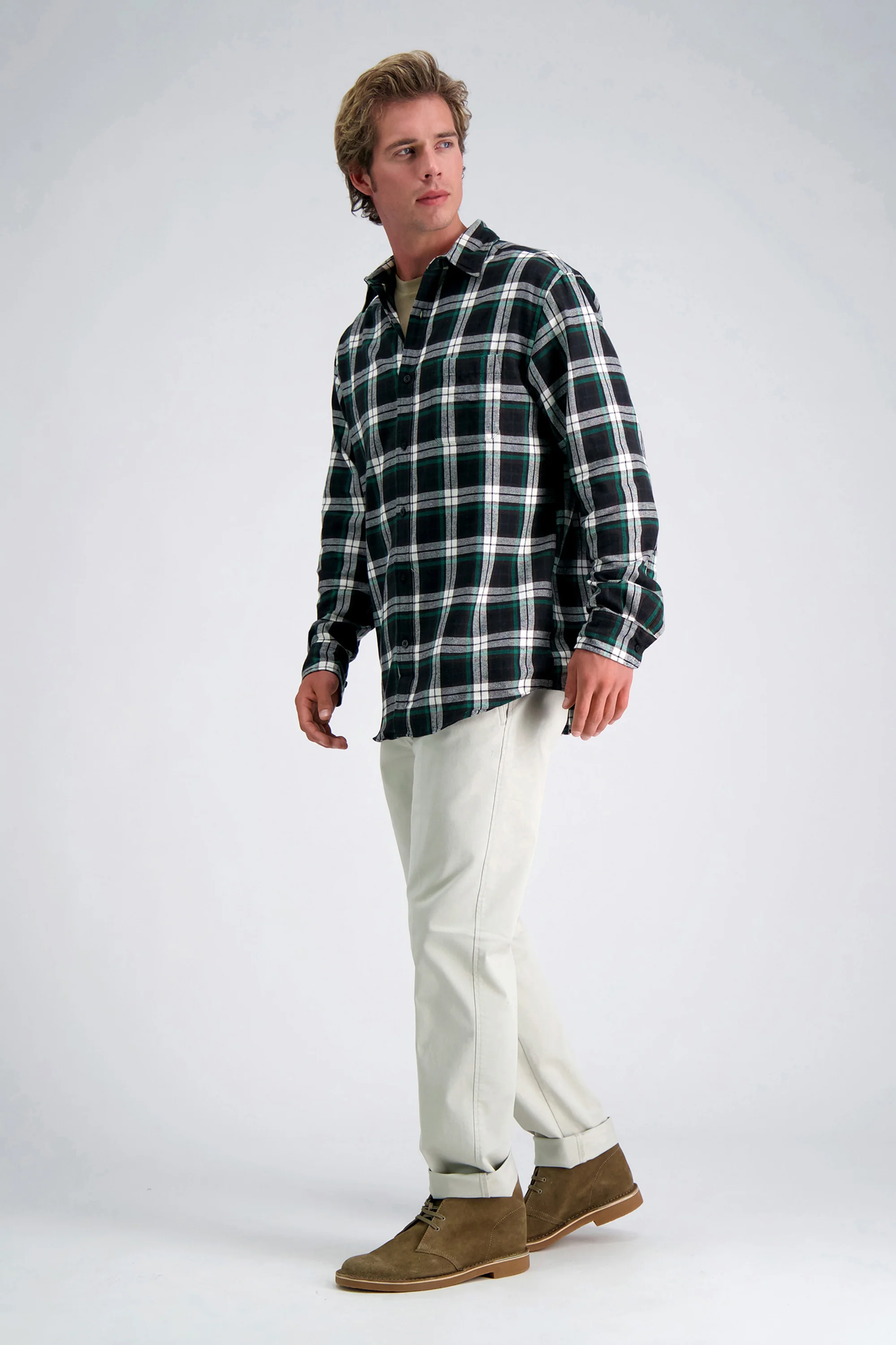 Long Sleeve Flannel Plaid Shirt - Green - Image 4