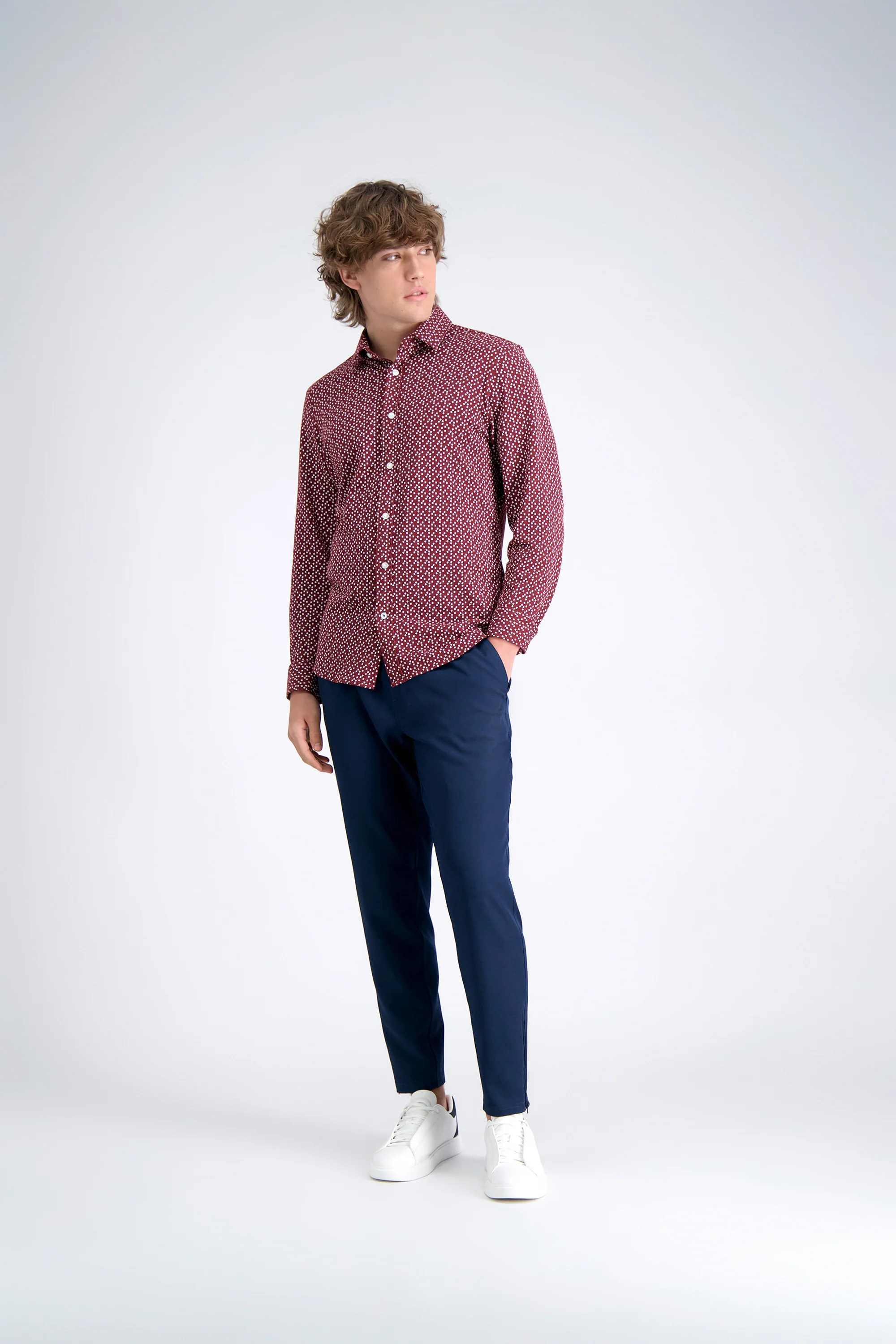 Long Sleeve Pique Shirt - Burgundy Geo Ditsy - Image 3