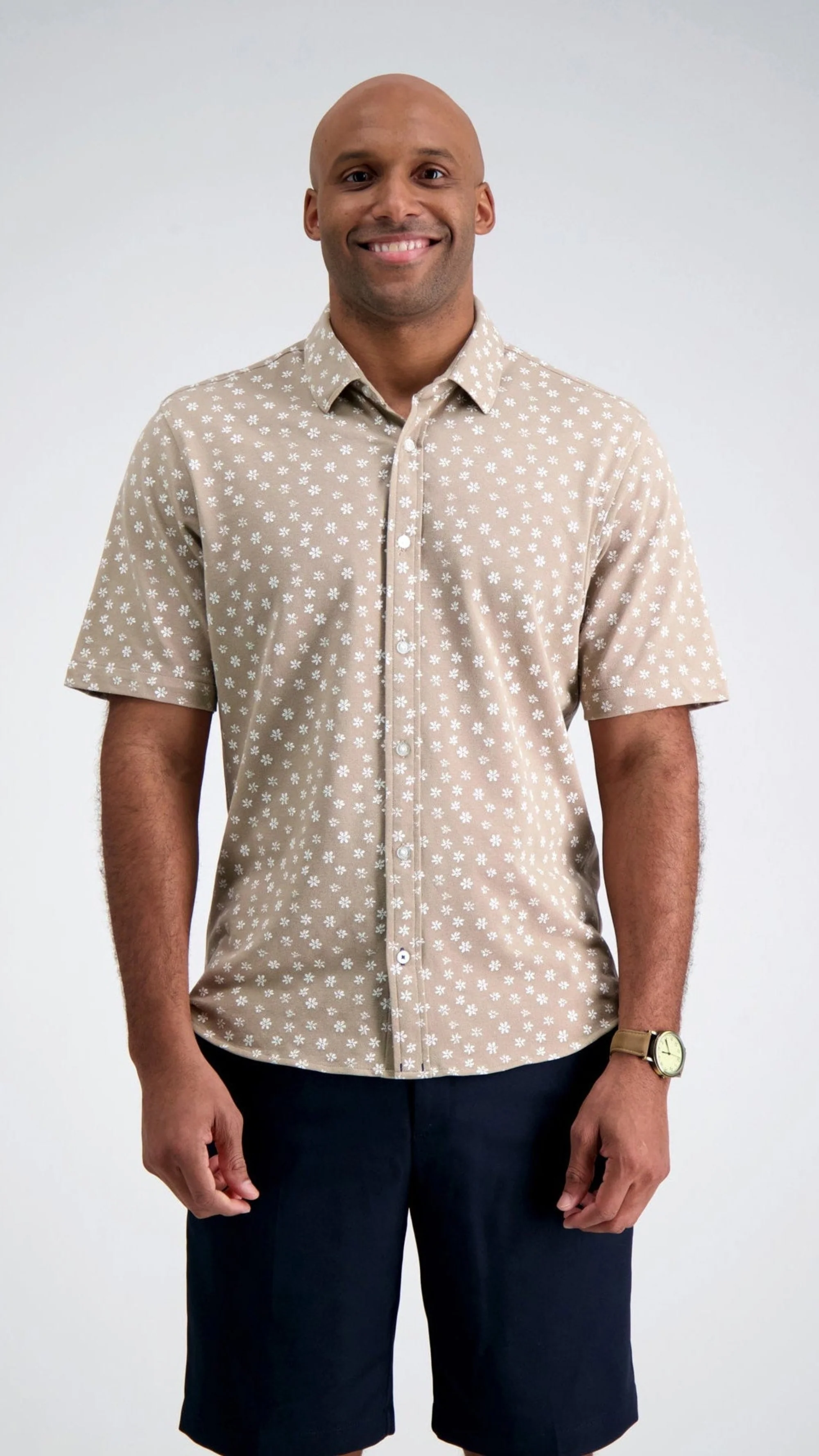 Pique Short Sleeve Button Down Shirt - Khaki Floral
