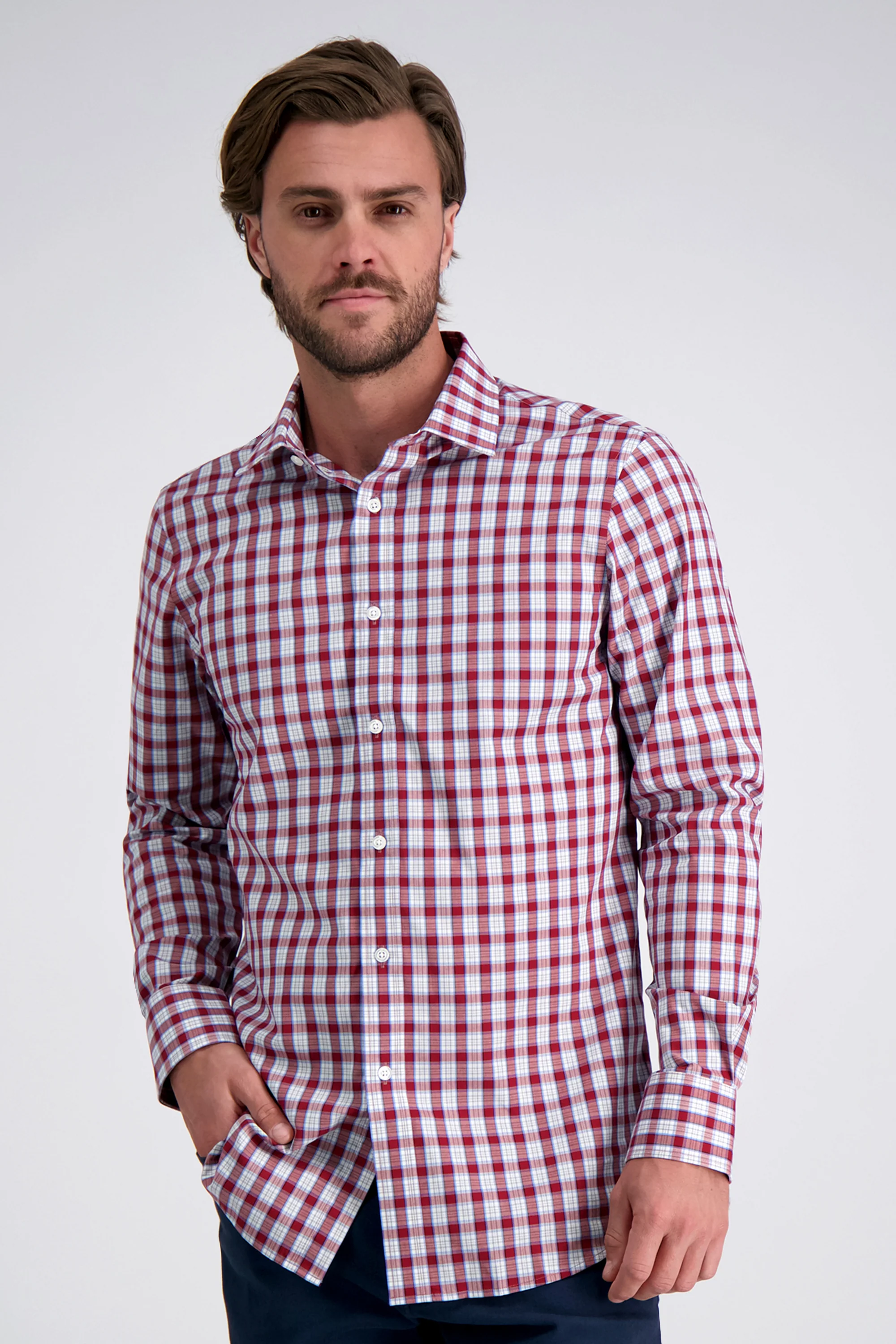 Premium Comfort Dress Shirt - White and Red Plaid