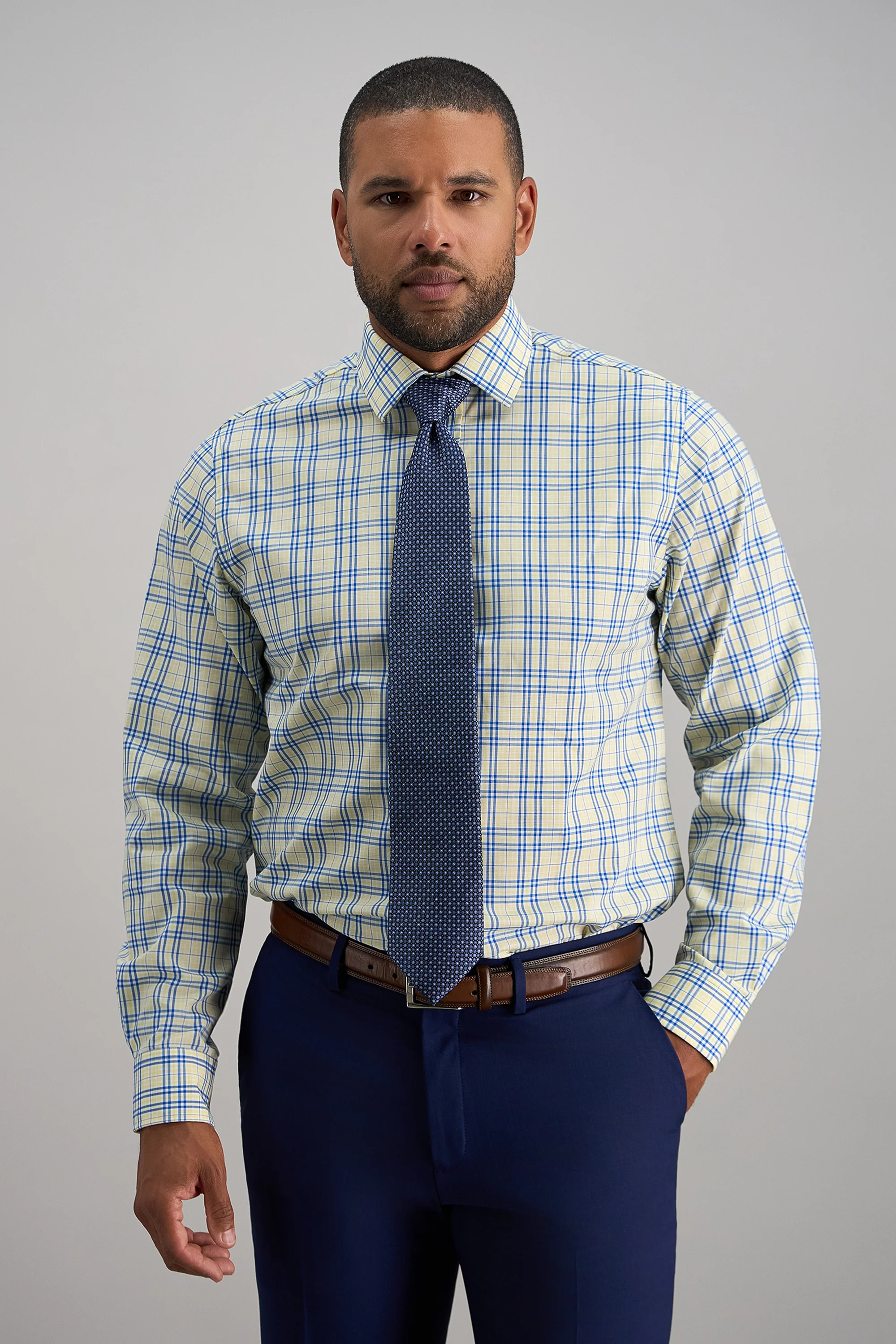 Premium Comfort Performance Cotton Dress Shirt - White and Yellow Plaid - Image 2