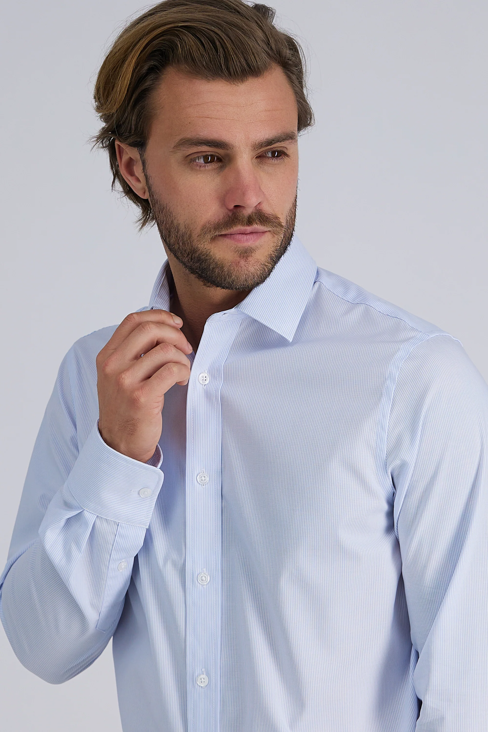 Premium Comfort Performance Cotton Dress Shirt - White & Blue Stripe - Image 4
